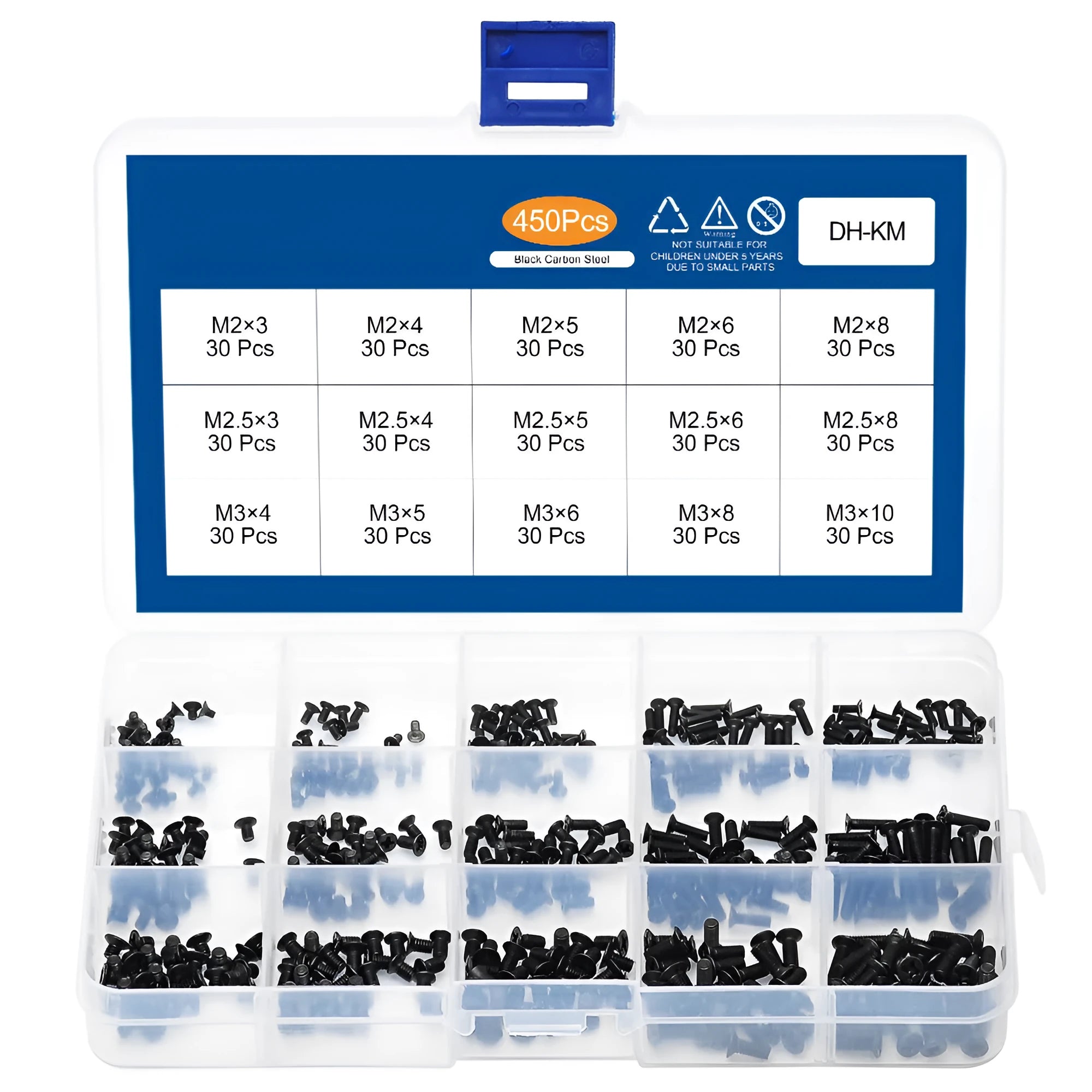 Laptop repair screw set showing black countersunk head machine screws in a box, available in 450, 650, or 720 pieces.