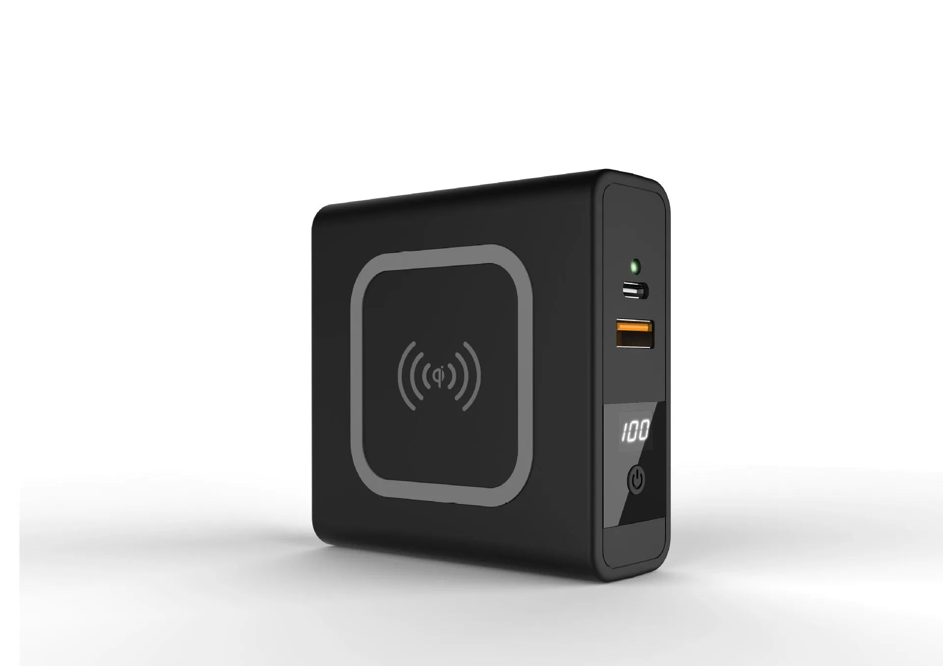 Black or white 10000mAh power bank with wireless charging and four international plug adapters