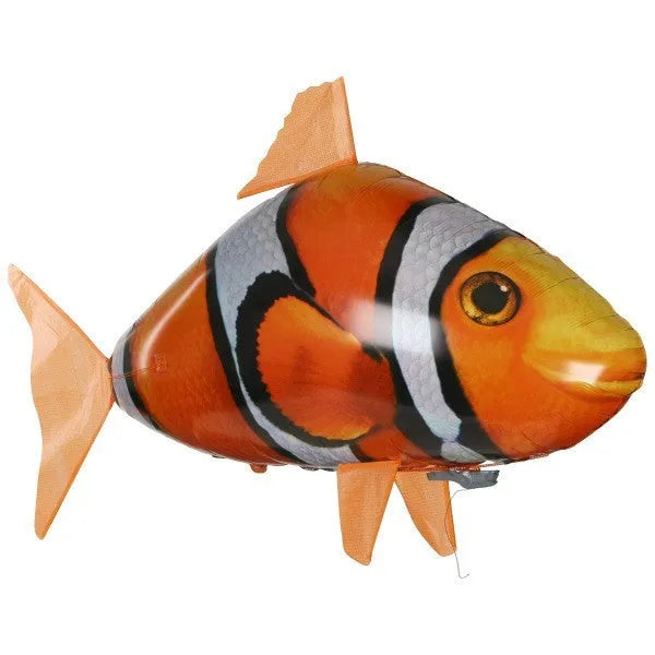 Large remote control Shark inflatable balloon toy flying indoors with side-swaying tail.