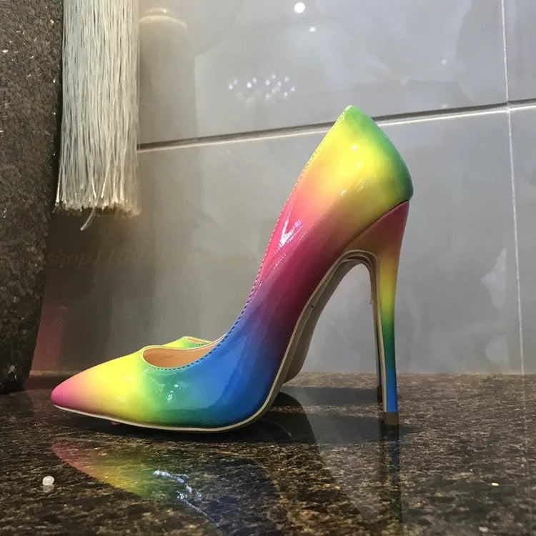 Rainbow patent leather ultra-high heels with pointed toe in thin heel construction