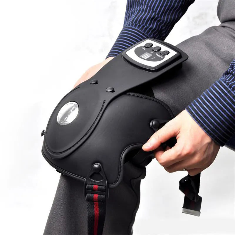 Knee massager host unit with infrared heat function, adjustable temperature control, and included knee pads and shoulder pads.