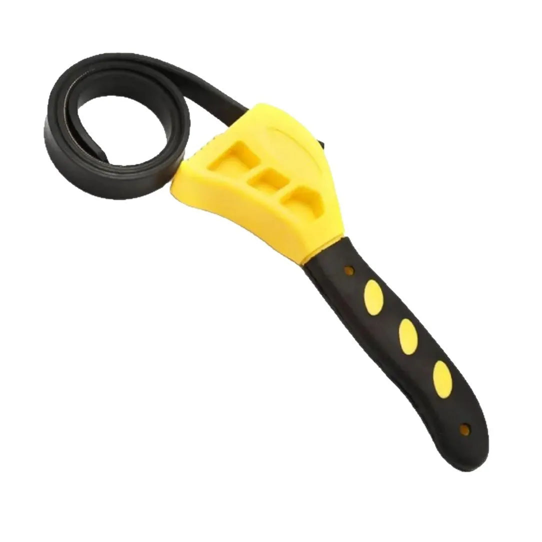 Two adjustable rubber strap wrenches, sizes 6 inch and 8 inch, with plastic handles and phosphated metal parts.
