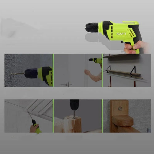 450W black pistol grip electric hand drill with a 10mm keyless chuck on a workbench.