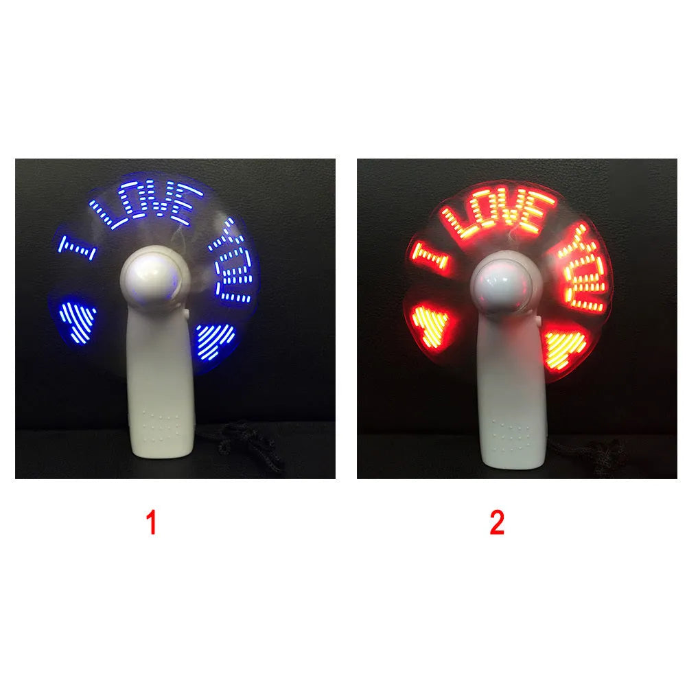 White handheld fan with LED flashing I love you pattern in blue and red colours