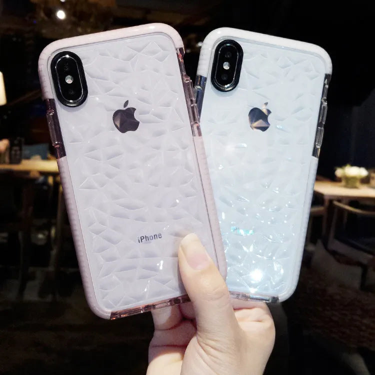 TPU striped back cover phone case for iPhone, shown in pink edge, white edge, and black border colour options.