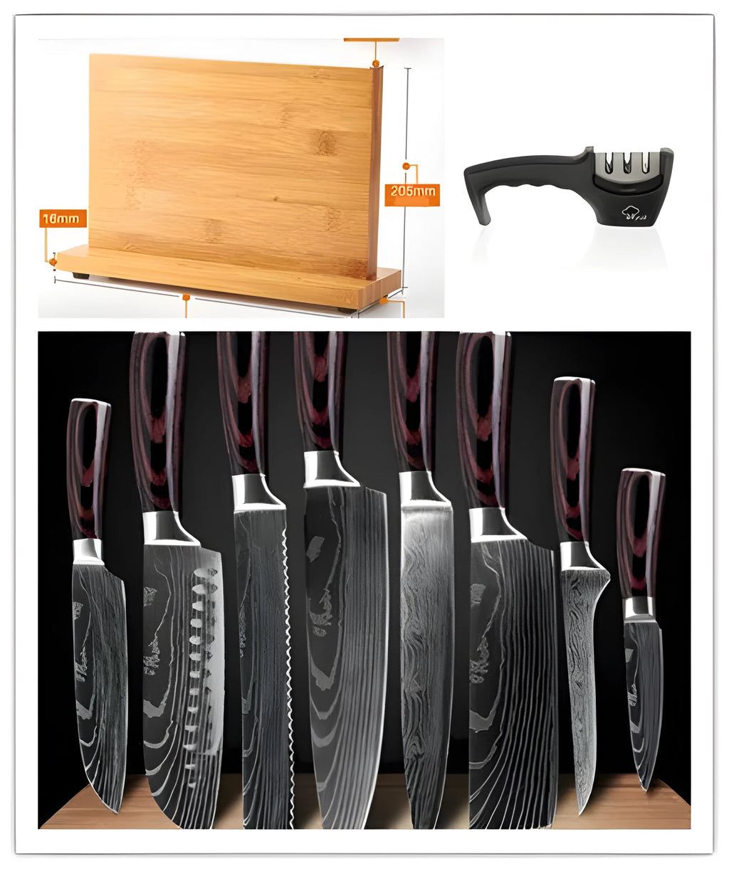 8-piece kitchen knife set with chef's knife, meat cutter, Japanese knives, bread knife and fruit knife