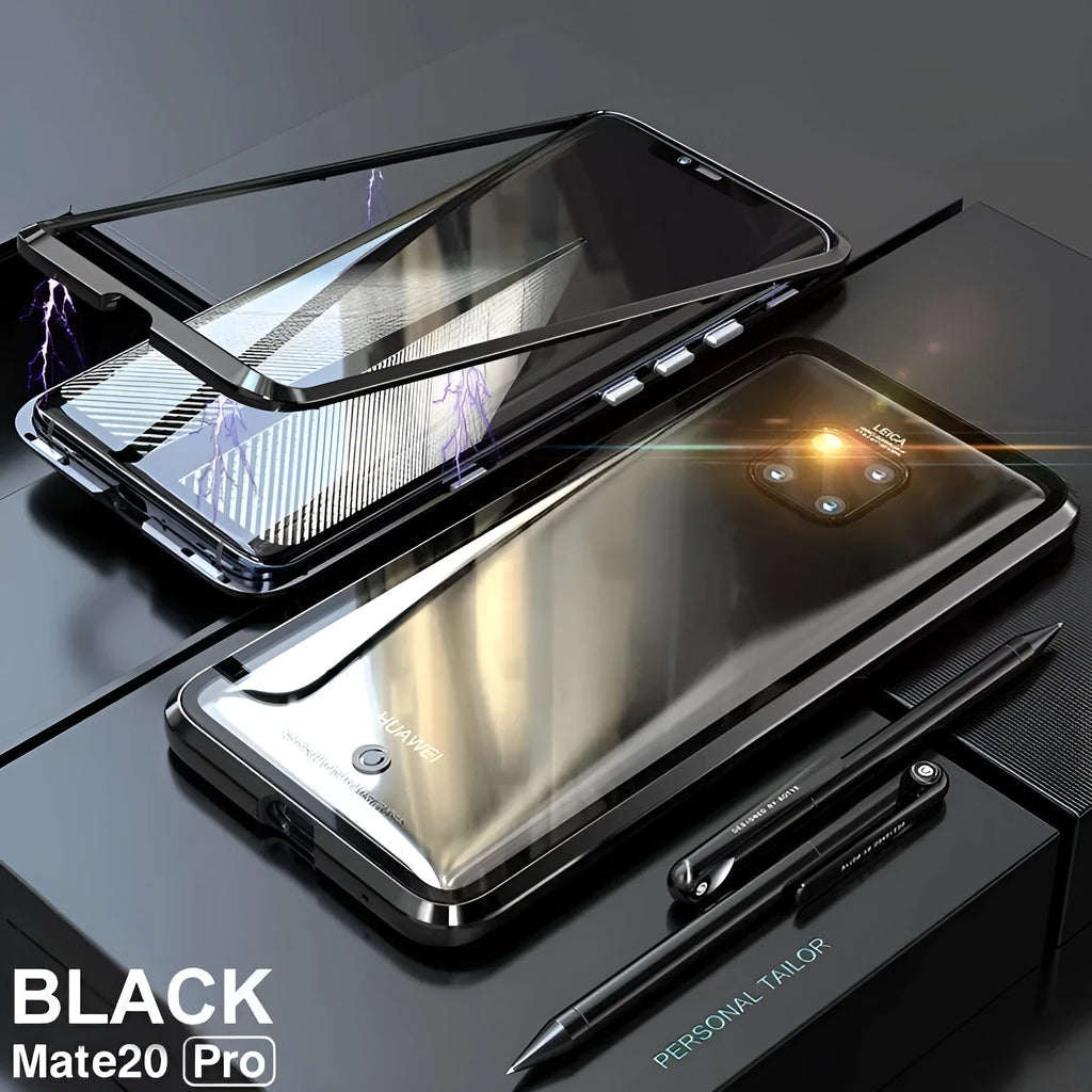Black magnetic metal phone case with tempered glass back for Huawei P30 phone
