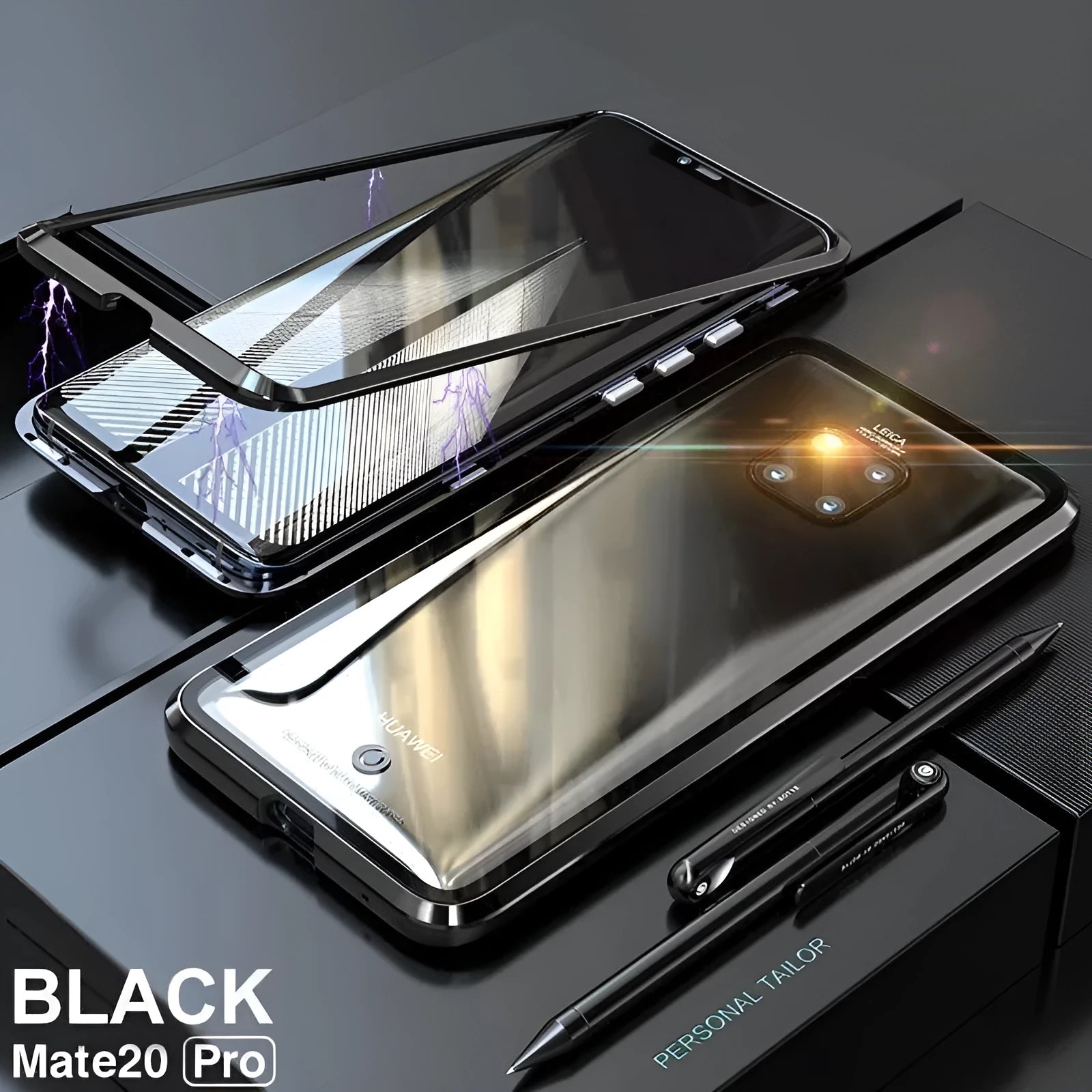 Black magnetic metal phone case with tempered glass back for Huawei P30 phone