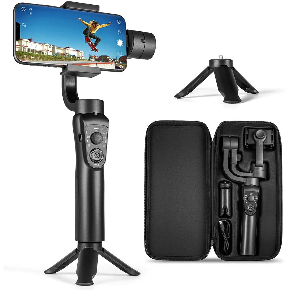 Black three-axis handheld gimbal stabilizer for mobile phones showing PTZ mechanism.
