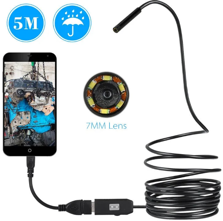 OWSOO USB endoscope camera with 5m cable, small hook, magnet, and side audition tools on a table.
