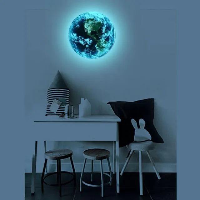 Glow in the dark 3D Earth planet wall sticker in 10cm, 20cm, and 30cm diameter sizes.