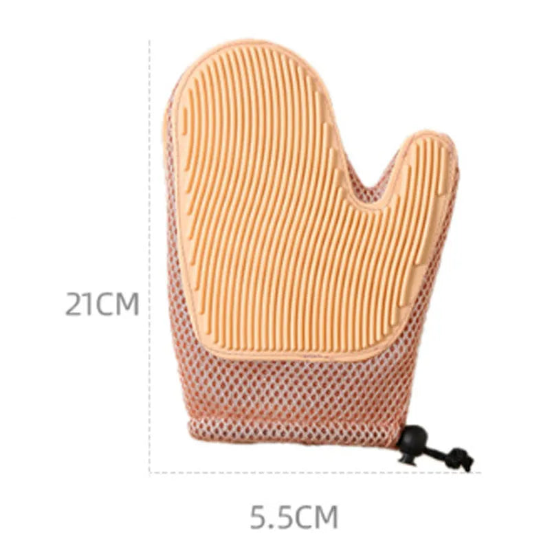 Right-handed mesh pet grooming glove for removing hair from cats and dogs on a dark blue background.