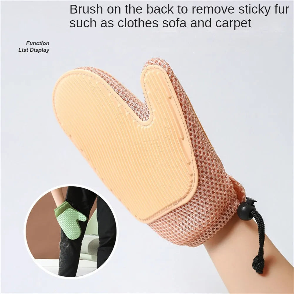 Right-handed mesh pet grooming glove for removing hair from cats and dogs on a dark blue background.
