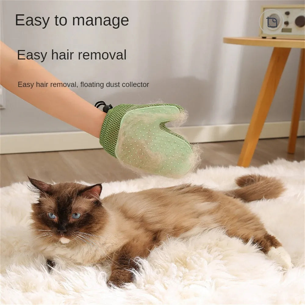 Right-handed mesh pet grooming glove for removing hair from cats and dogs on a dark blue background.