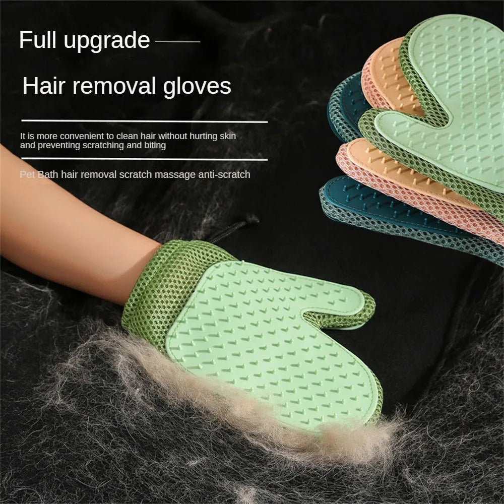 Right-handed mesh pet grooming glove for removing hair from cats and dogs on a dark blue background.