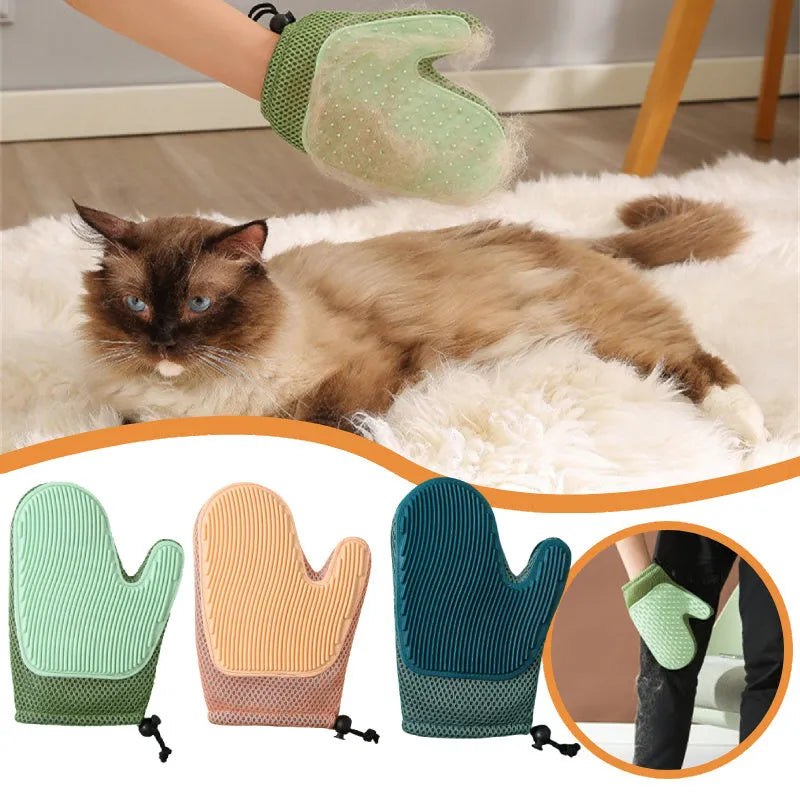 Right-handed mesh pet grooming glove for removing hair from cats and dogs on a dark blue background.