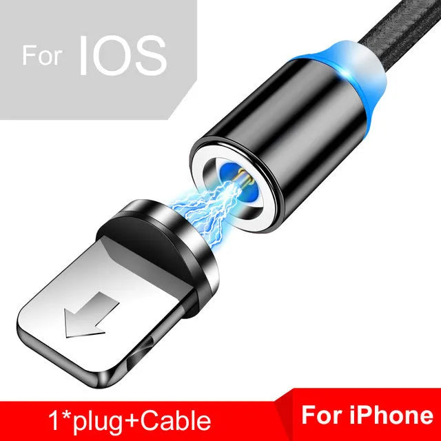 Black magnetic USB charging cable with glowing LED light indicator on a white background.