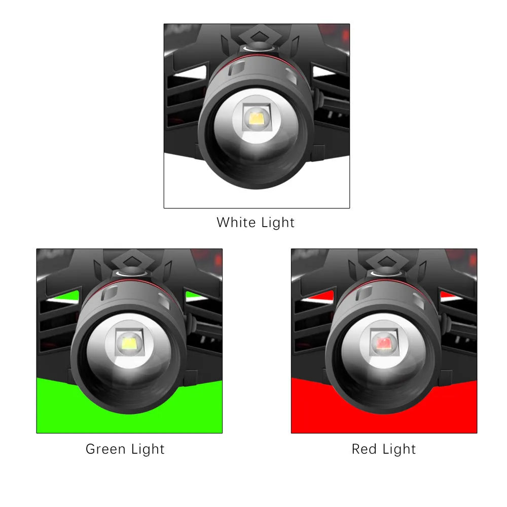 T6 LED zoom headlamp showing white, green, and red light modes on a headband.