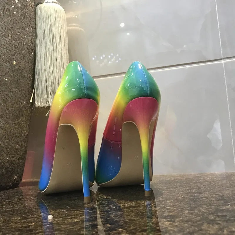 Rainbow patent leather ultra-high heels with pointed toe in thin heel construction