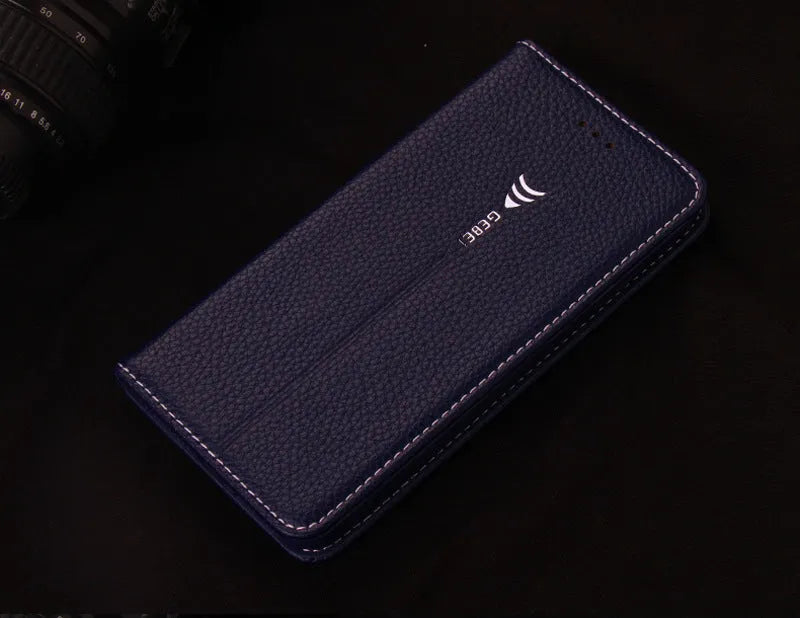 Black PU leather business wallet case for iPhone X showing card slot and cash compartment.
