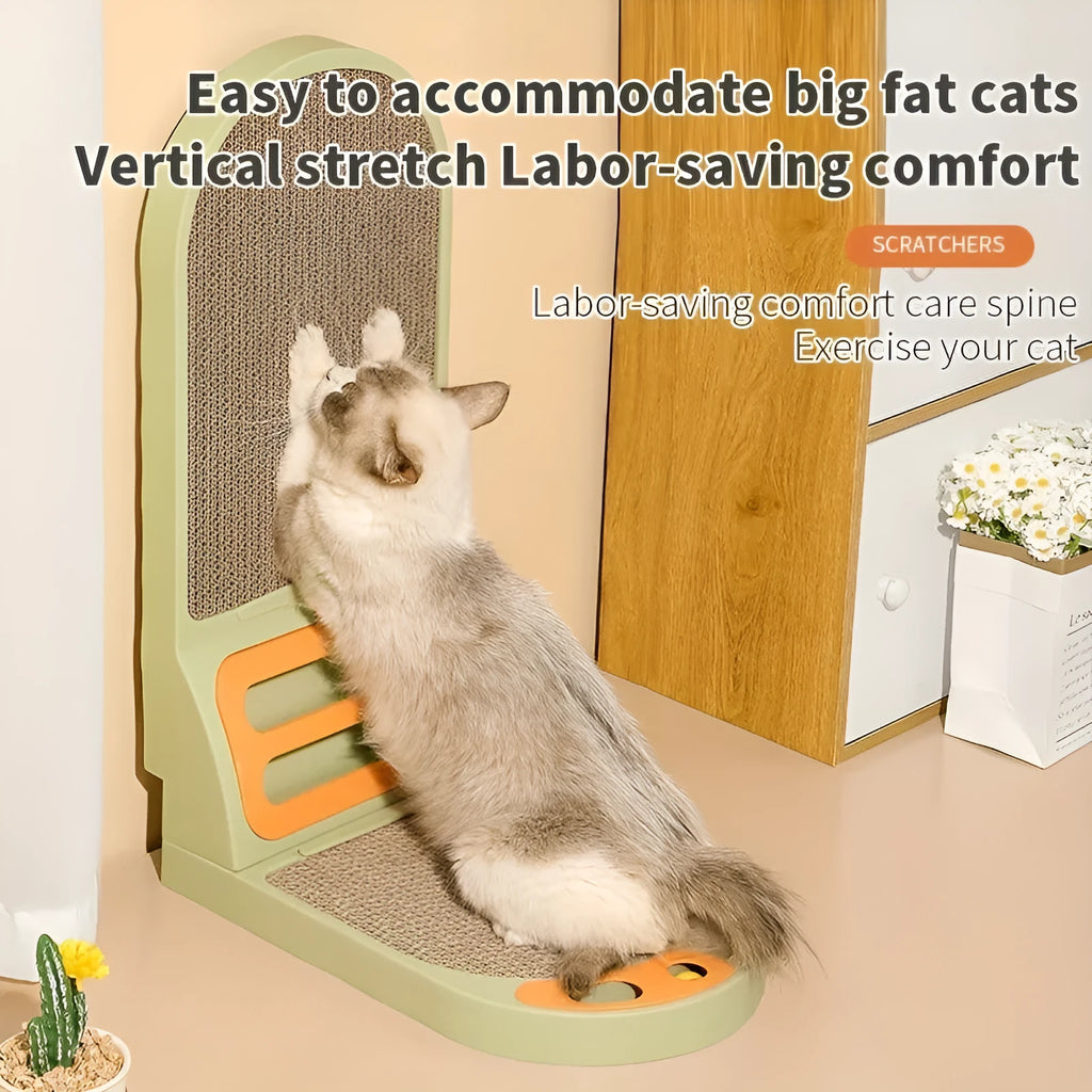 Grey L-shaped vertical cat scratching board with sisal rope, showing tall post and stable base.