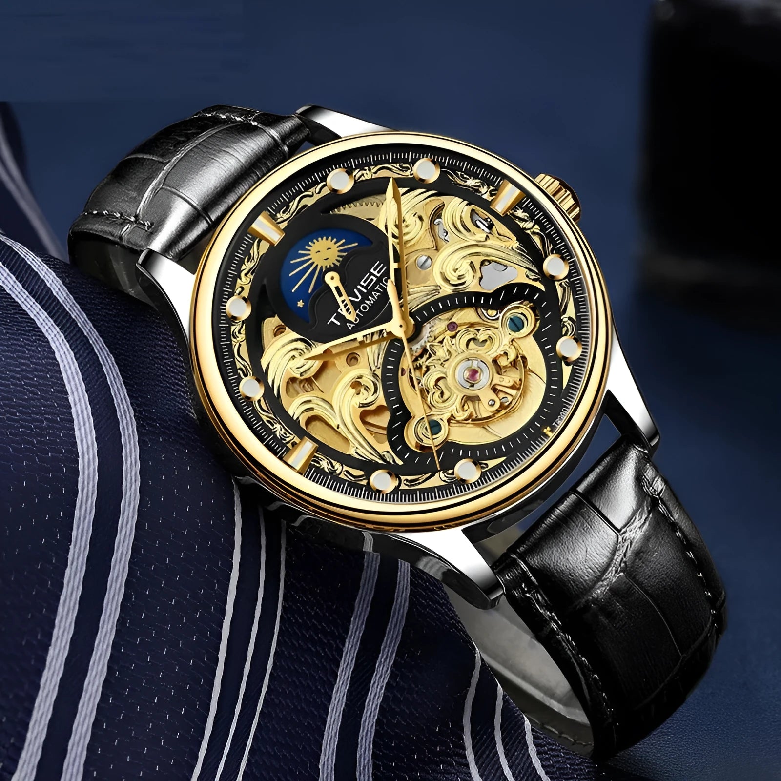 Men's automatic waterproof watch with leather strap in gold or white options, 16mm thickness case