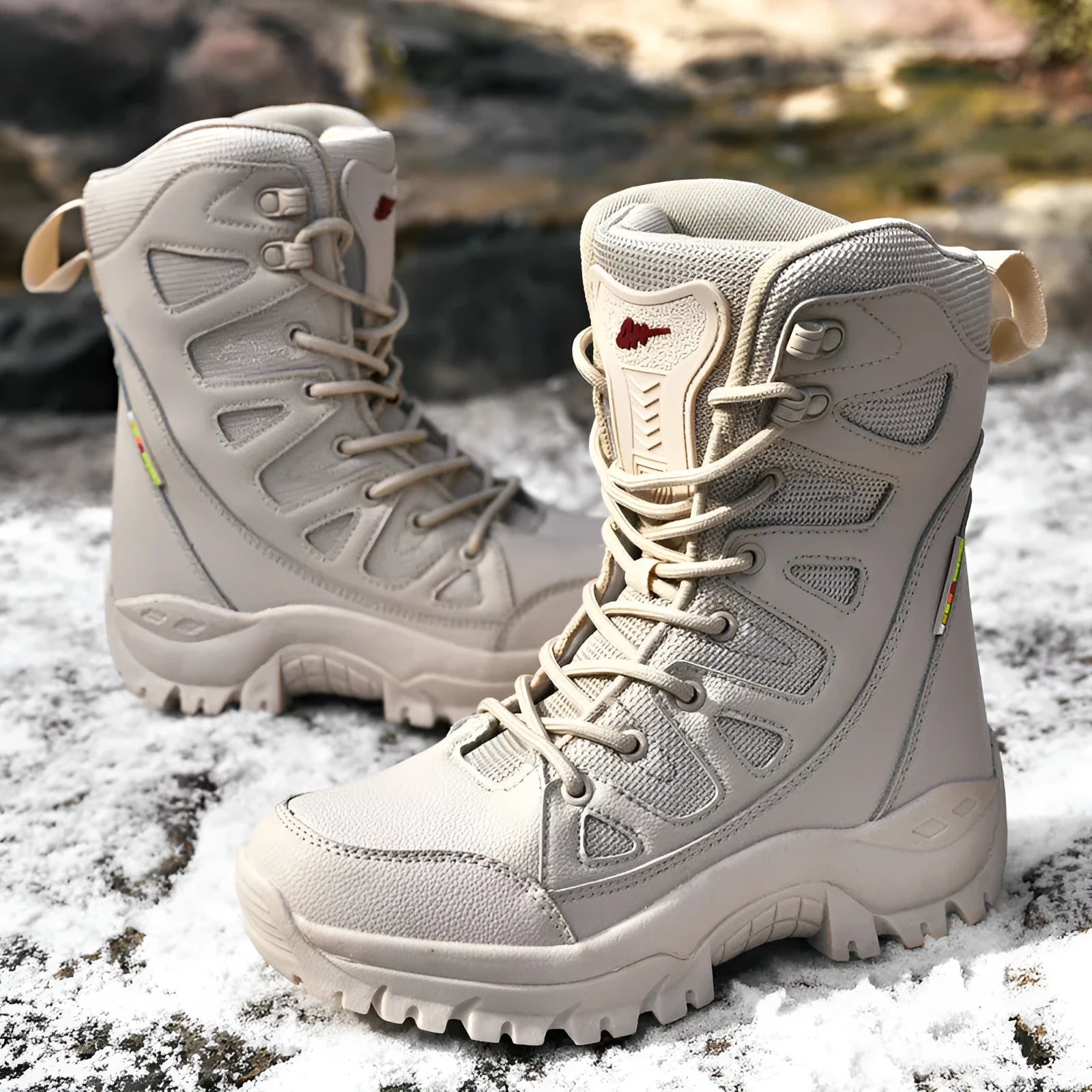 Beige cowhide leather hi-top hiking sneakers on a neutral background