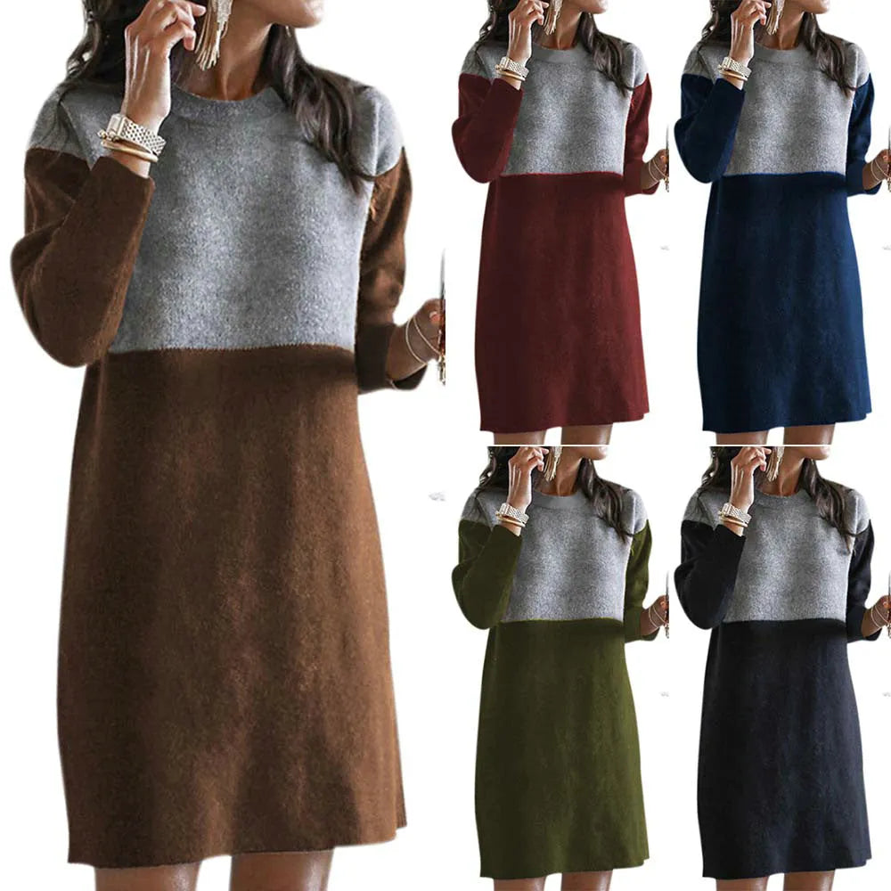 Brown women's polar fleece patchwork dress with loose round neck, long sleeves, and a princess-line skirt.