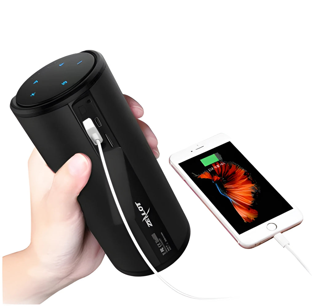 Compact rectangular wireless Bluetooth speaker in black, blue, or red colour options