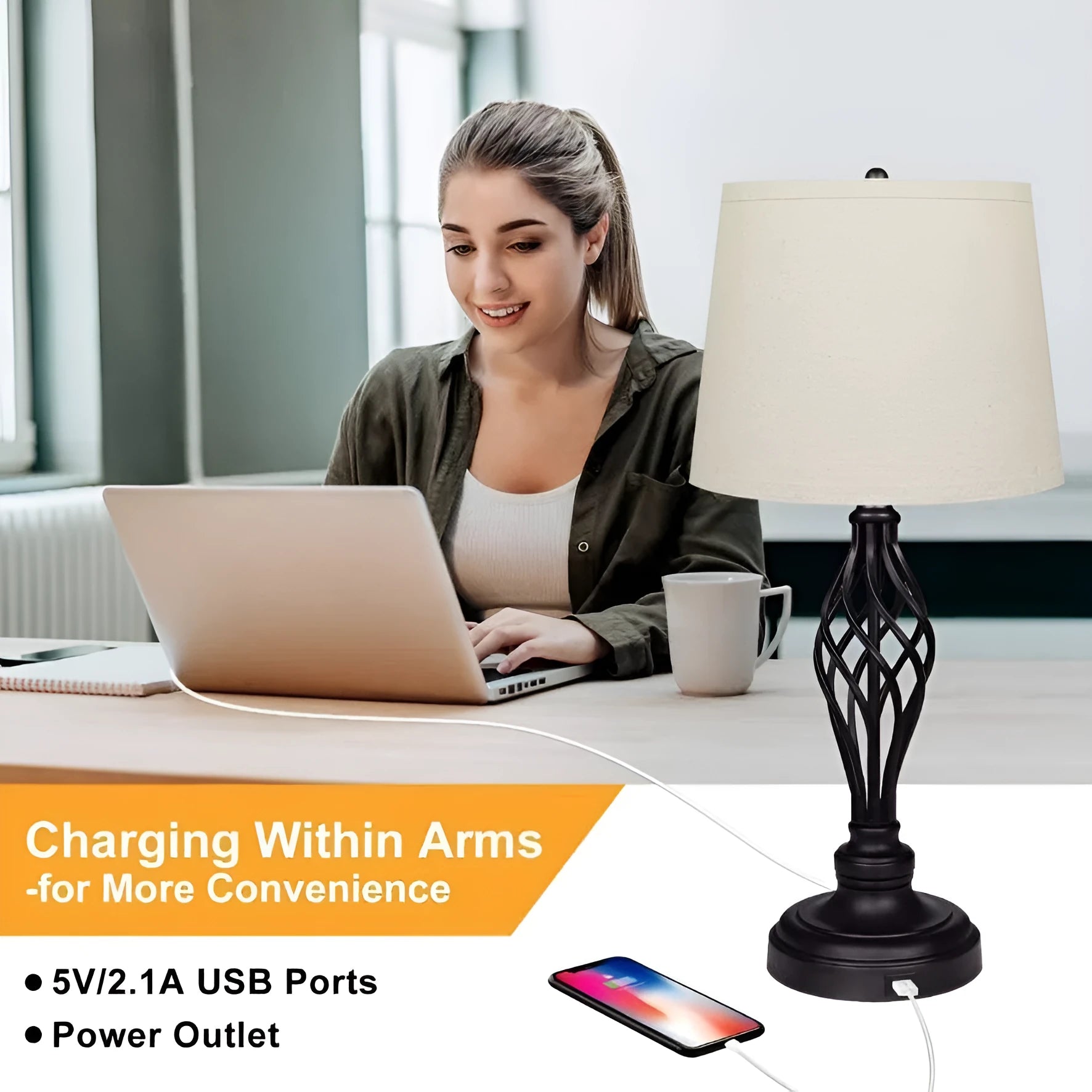 Contemporary European style alloy bedside lamp with touch controls and USB charging socket