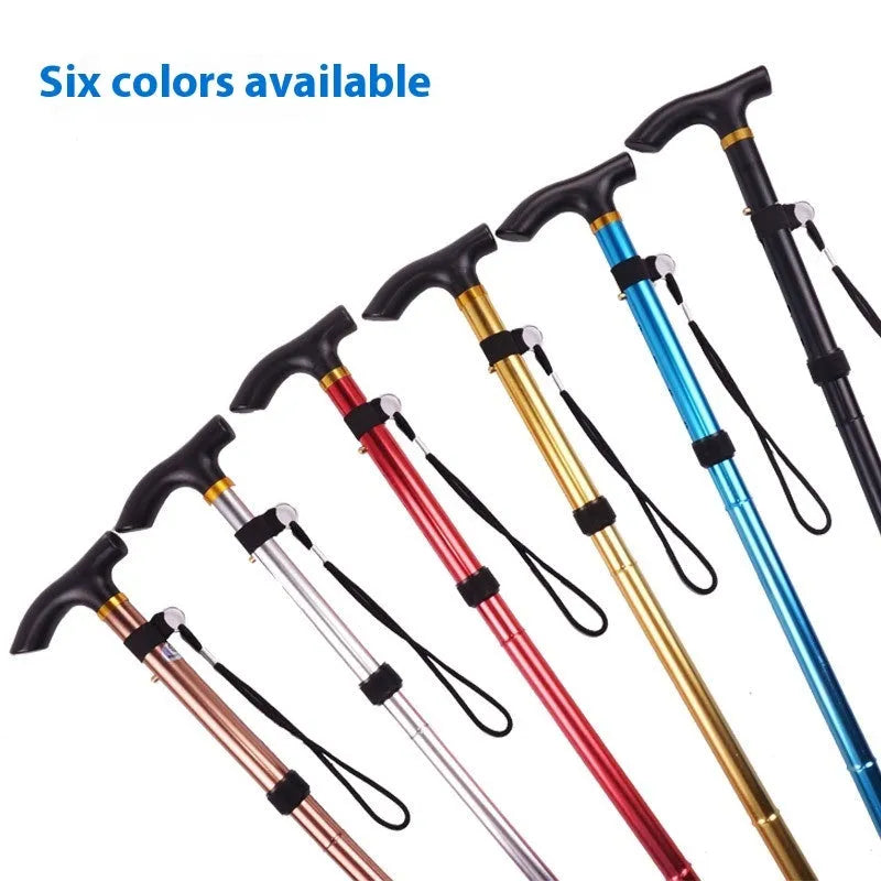 Aluminium folding walking cane extended to show adjustable length with non-slip handle