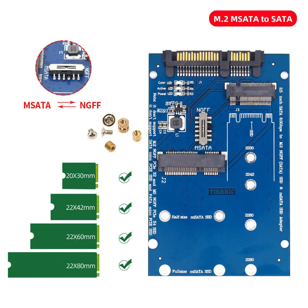 Black SATA3 to M.2 NGFF mSATA SSD adapter card showing connectors for modern solid-state drives