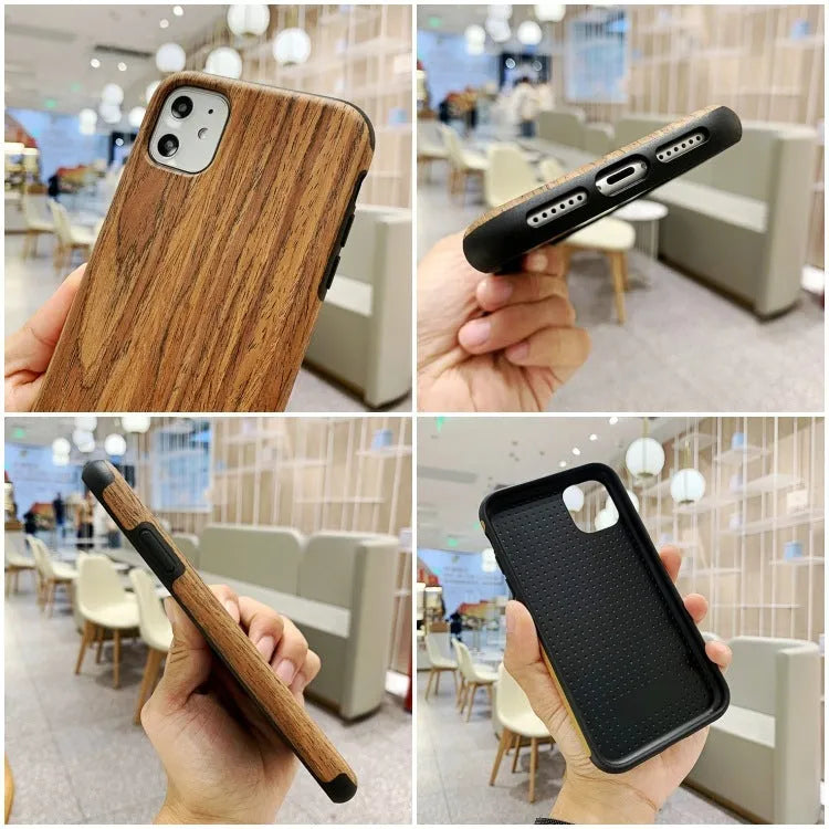 Slim wooden iPhone back cover in natural rosewood, teak, black rose, and walnut finishes