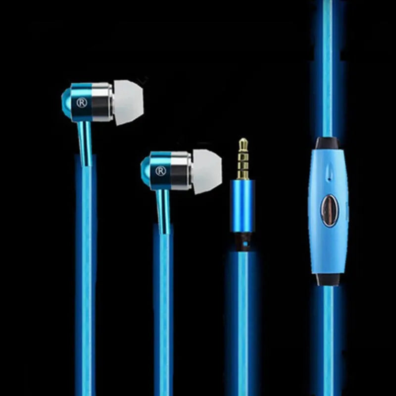 Blue LED light up earphones with 3.5mm plug and in-line remote control on a dark background