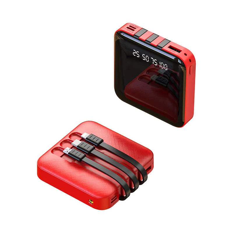 10000mAh power bank with built-in charging cable in black or red plastic case