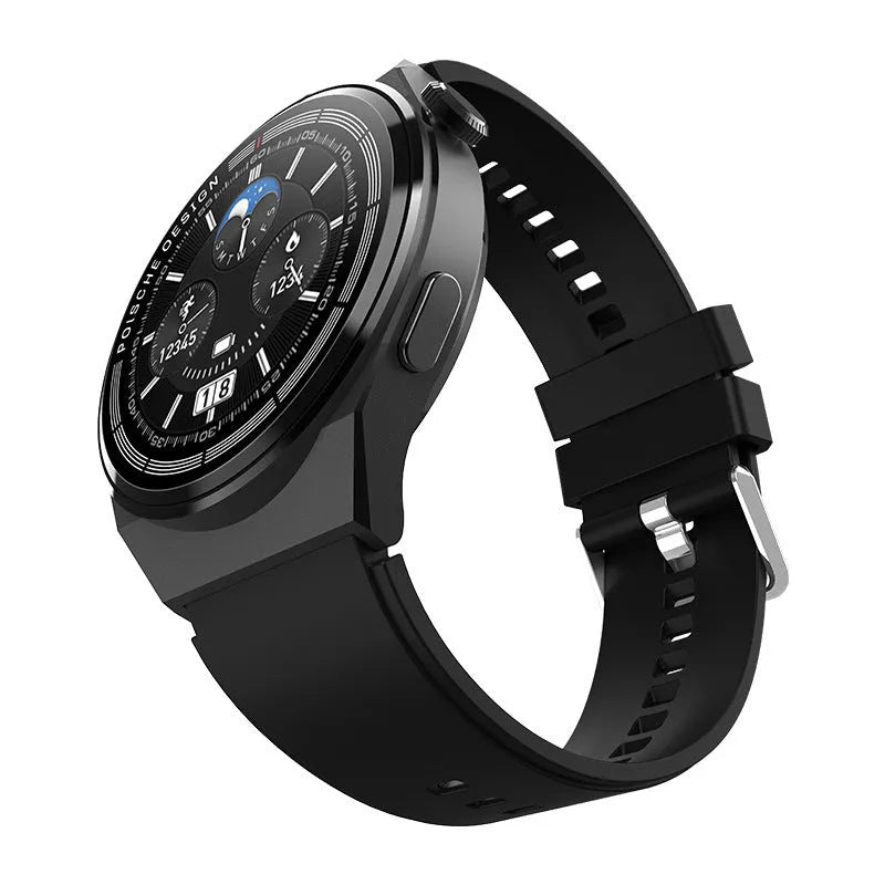 Black multifunction smartwatch with 1.39-inch tempered glass screen on a silicone wrist strap
