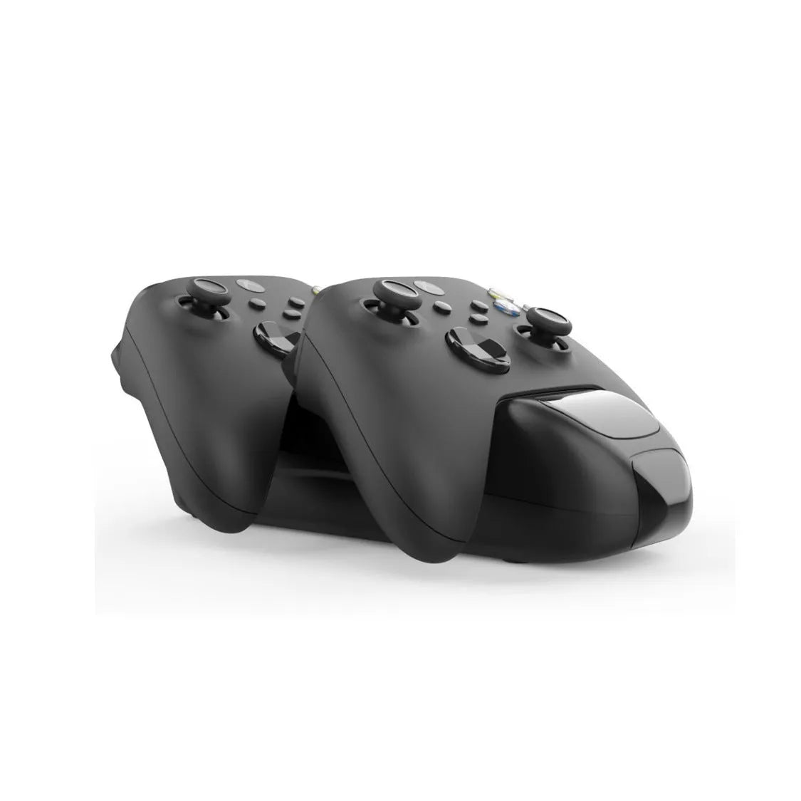 Black Xbox SX dual controller charging station with two controllers docked and LED lights visible