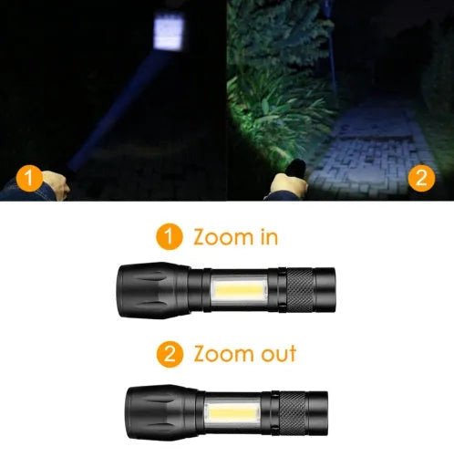 Black aluminium alloy telescopic LED torch with clip, showing extended and retracted zoom positions