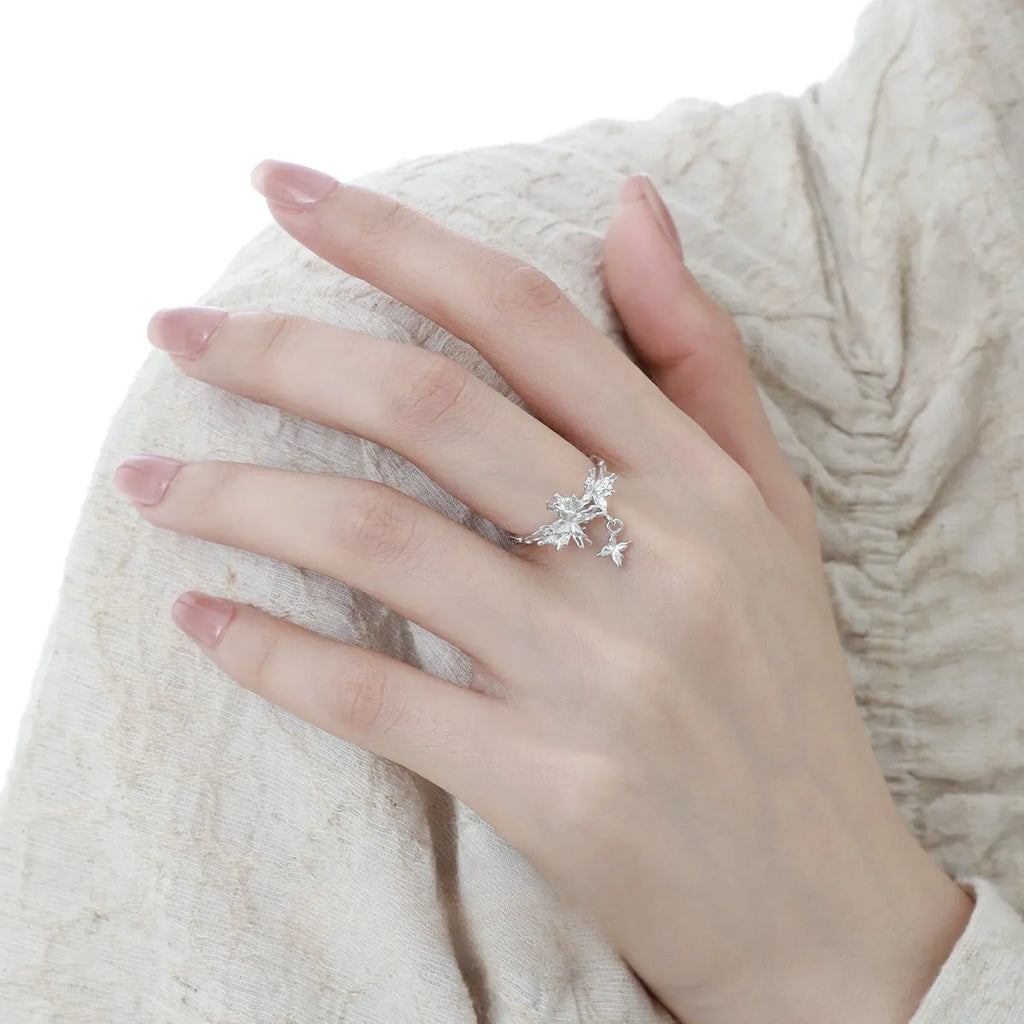 Silver butterfly ring earrings with adjustable opening in white gold or 18K gold colour options