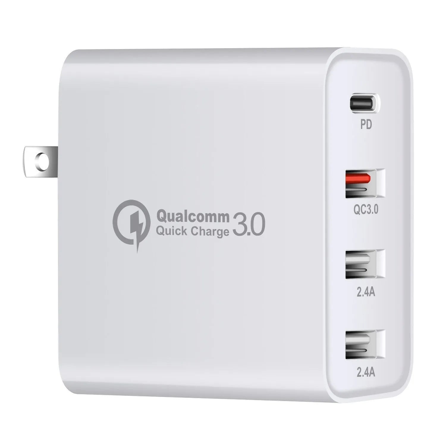 Black four-port USB-C wall charger with UK plug adapter and international travel plugs