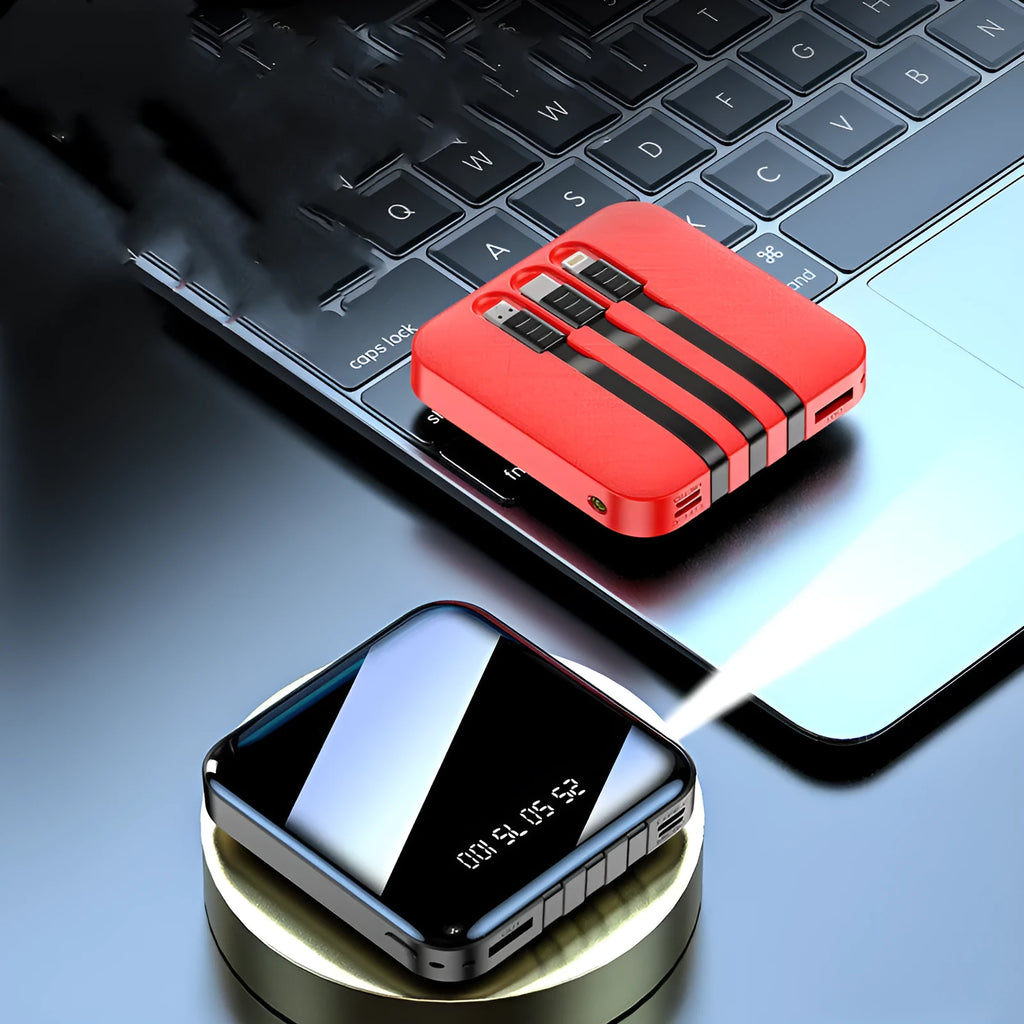10000mAh power bank with built-in charging cable in black or red plastic case