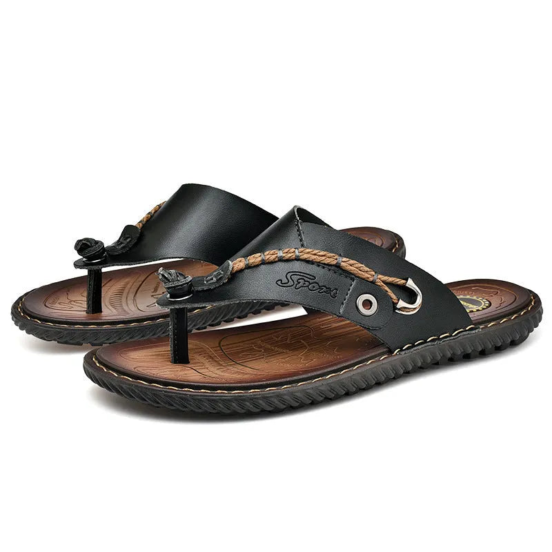 Men's non-slip slippers with PU leather uppers in black, light brown, blue, and khaki colour options