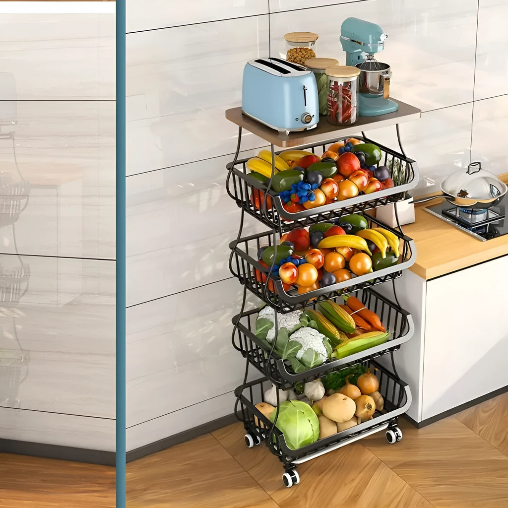 Black six-layer carbon steel kitchen floor storage rack with foldable design