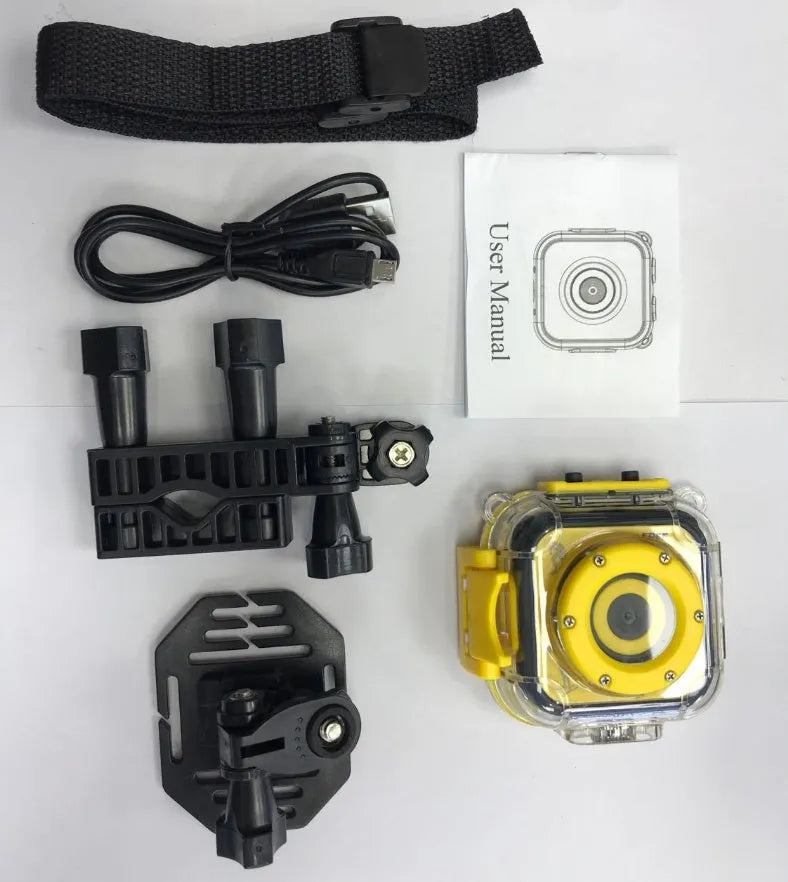 Yellow children's waterproof sports camera with LCD screen showing HD video recording.