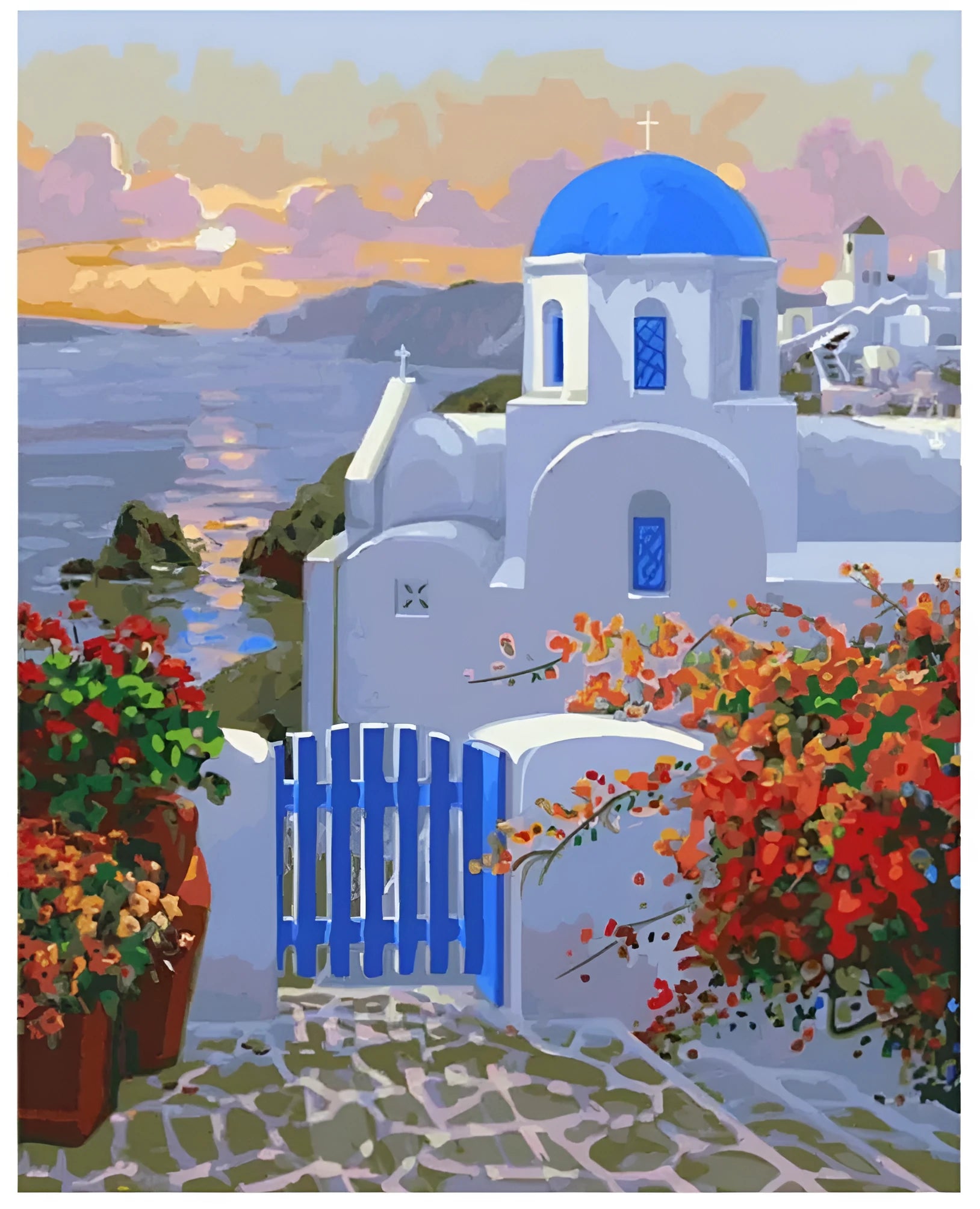 DIY digital oil painting kit showing blue sea view villa pattern on a 40x50cm linen canvas with paints and brushes