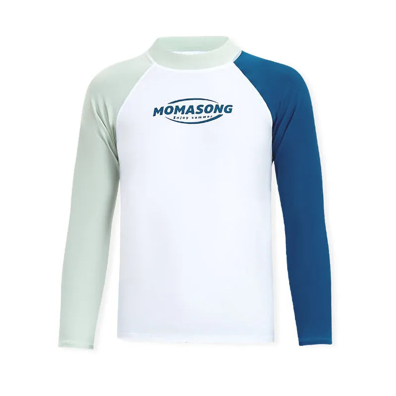 Men's white long-sleeved swimming top with matching double-layer beach swim trunks set