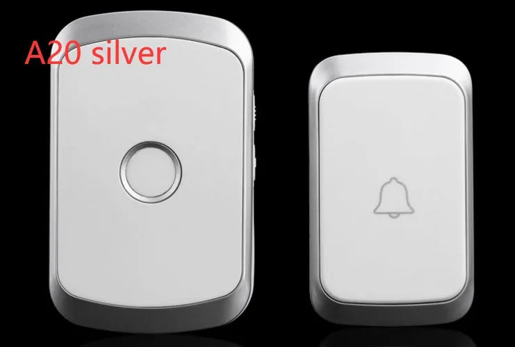 Wireless doorbell system with push-button transmitter and plug-in receiver unit showing 300m range and 36 melody options