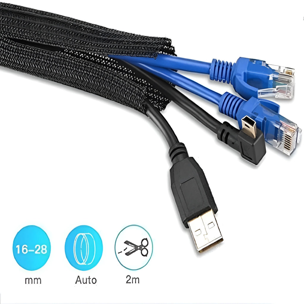 Black self-winding polyester mesh sleeve for automotive cable protection, shown in a coil.