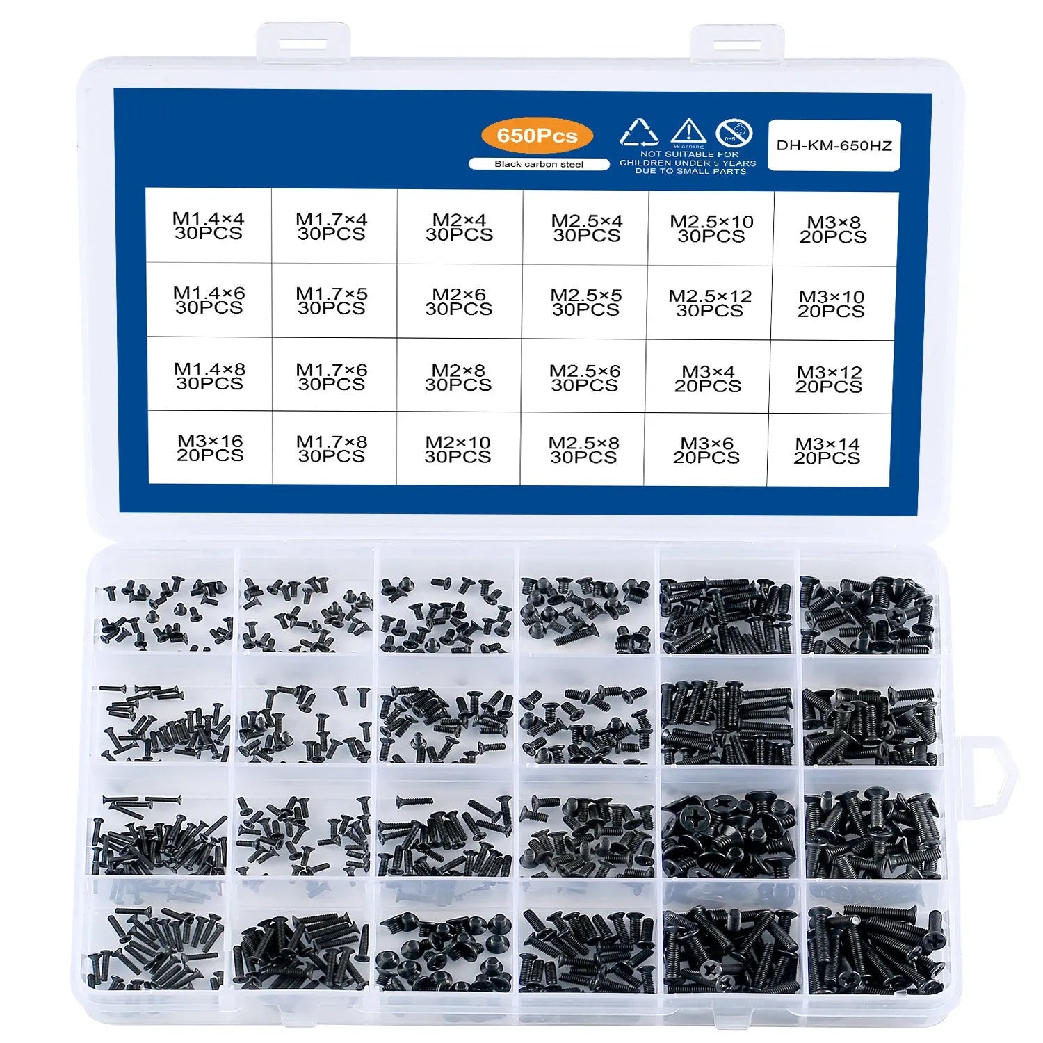 Laptop repair screw set showing black countersunk head machine screws in a box, available in 450, 650, or 720 pieces.