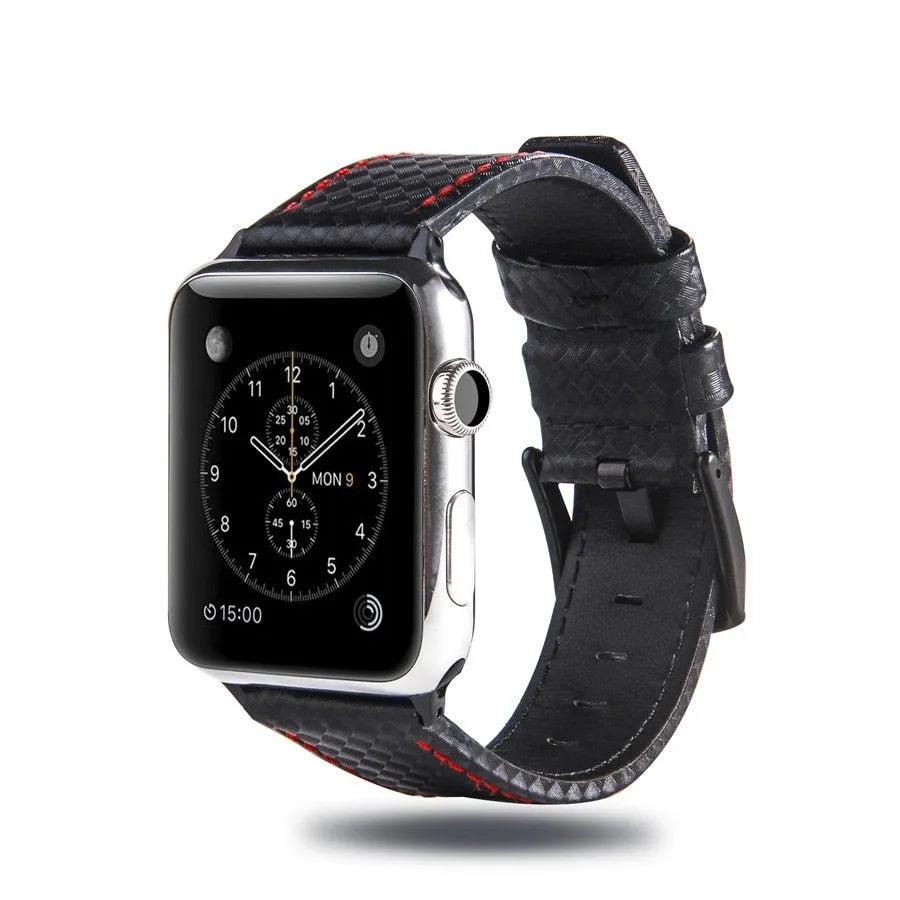 Carbon fibre and leather Apple Watch strap with patterned PC case in red, black, blue, and orange.